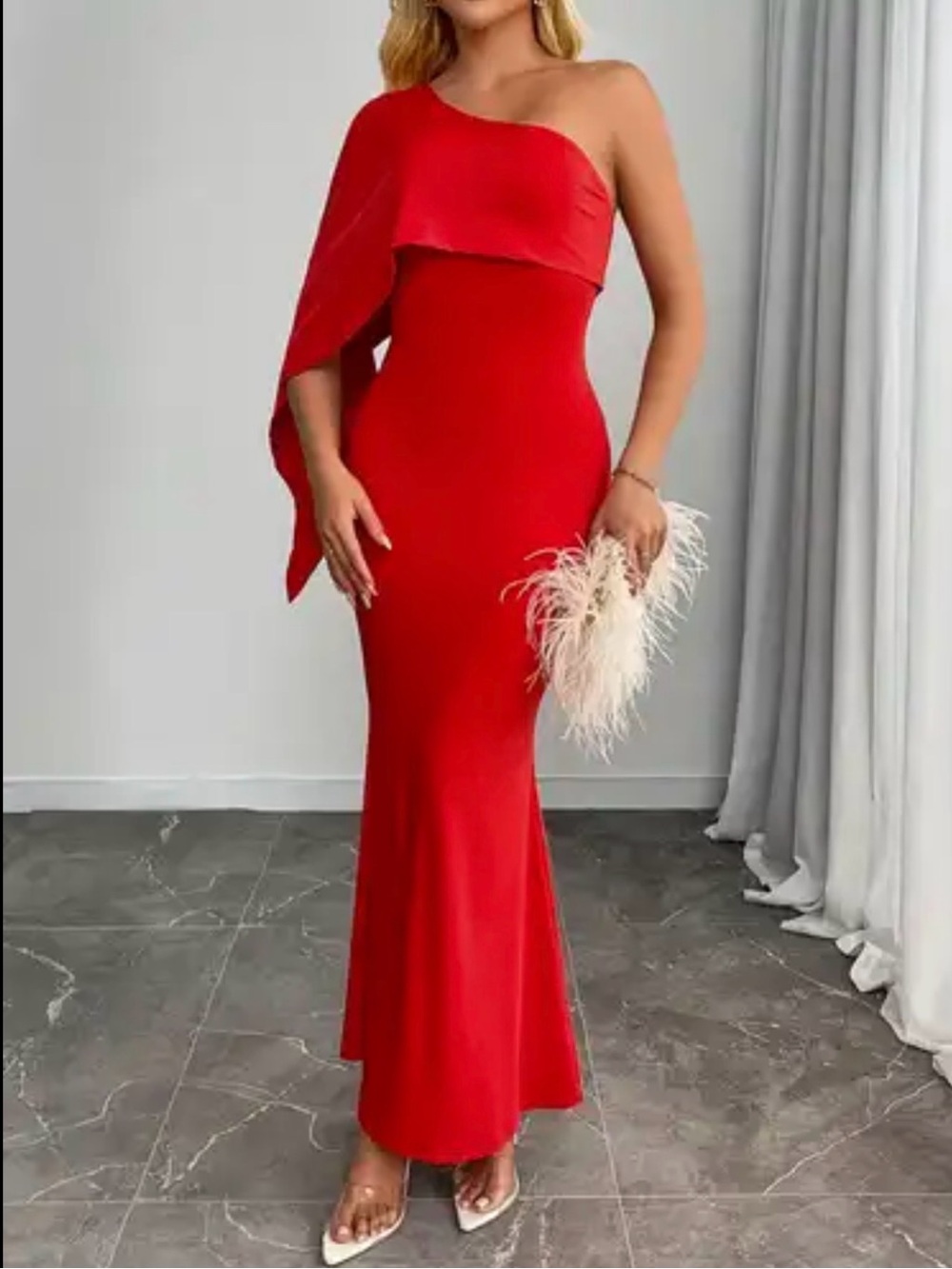 Red One-Shoulder Evening Gown